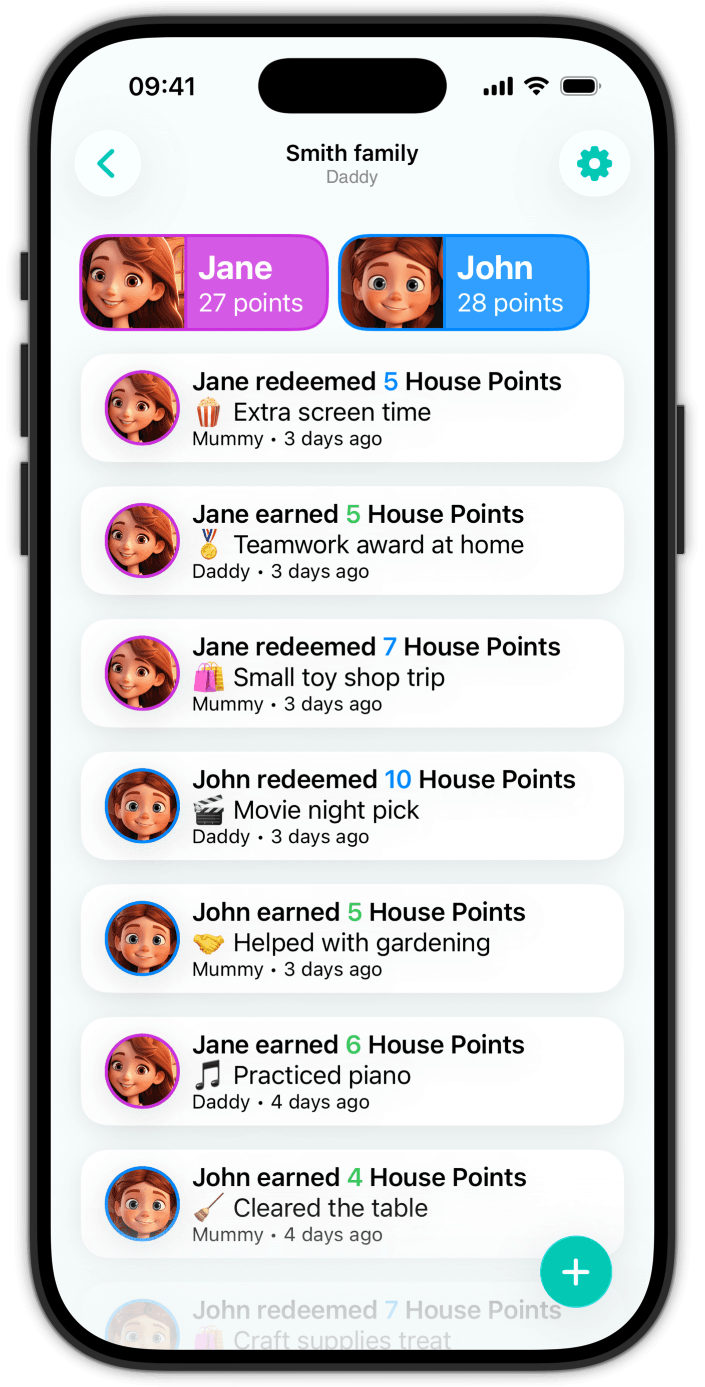 House Points app showing the Smith family feed with recent point activity